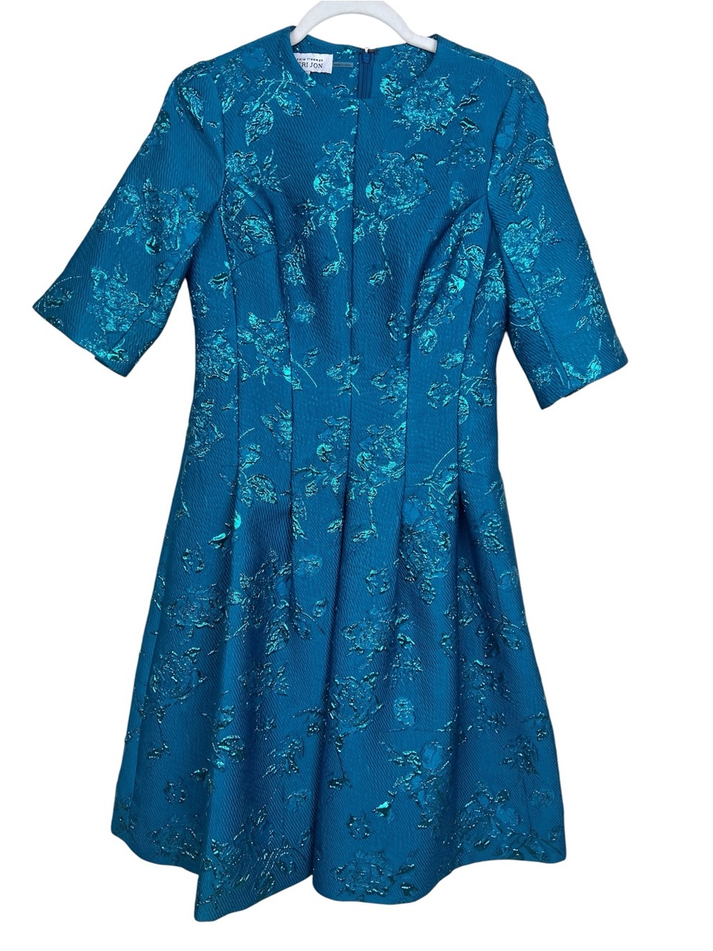 Rickie Freeman for Teri Jon Teal Pleated Floral Jacquard Midi Dress 2 - Picture 2 of 7